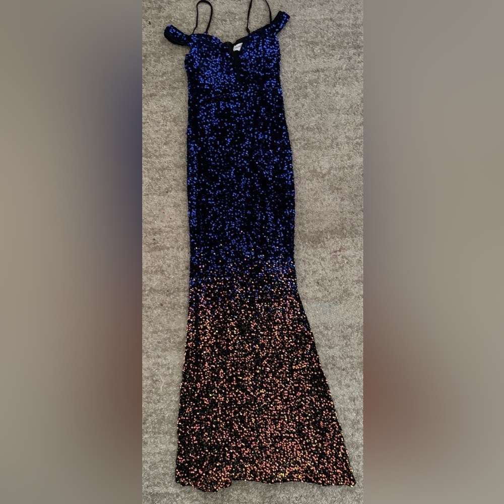 Faeriesty Elegant Off Shoulder Split Mermaid Hem Ombre Sequin Evening Dress sz S - Picture 2 of 11